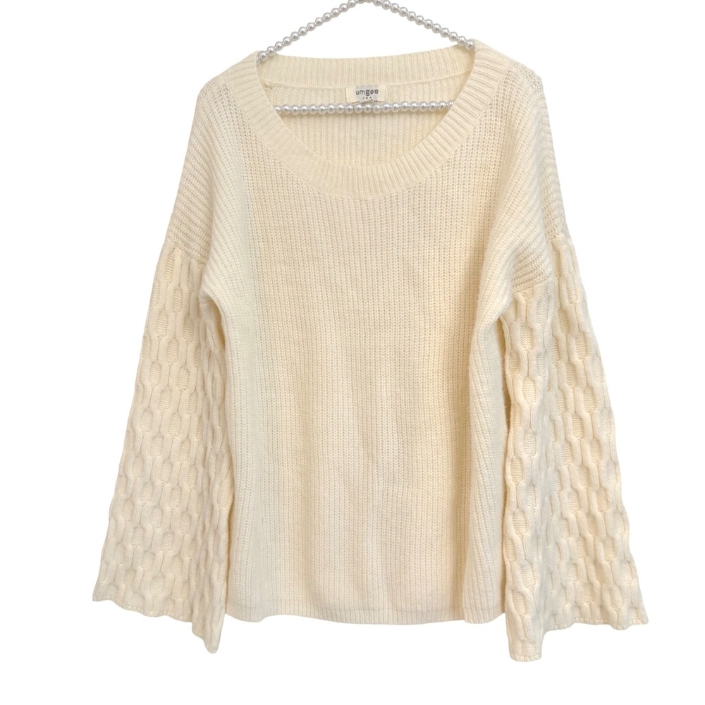 Umgee Boho Cream Cable Knit Flare Bell Sleeve Scoop Neck Sweater Pullover S EUC